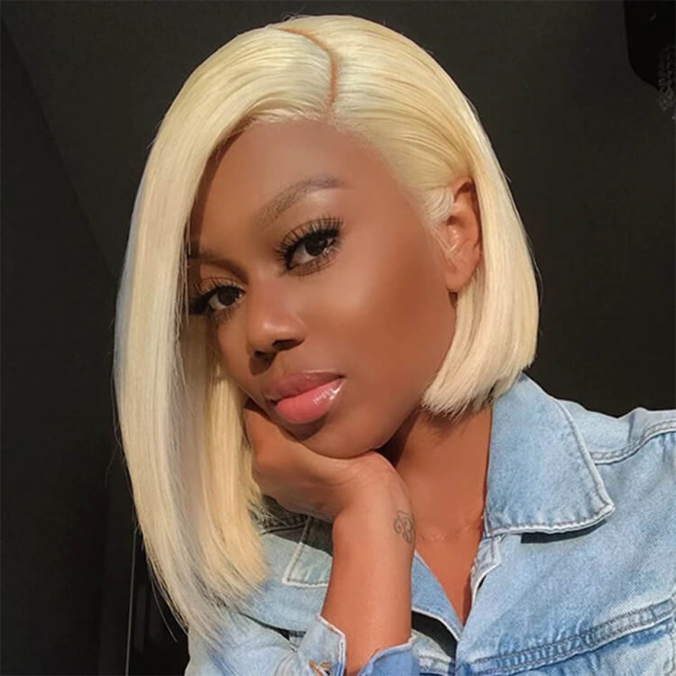 613 Blonde Straight Human Hair HD Transparent 13x4 Lace Front Short Bob Wigs