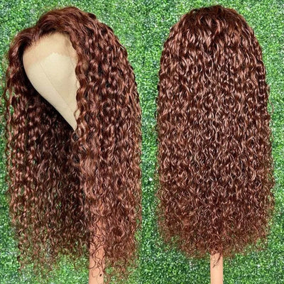 #33 Reddish Brown Auburn Water Wave Human Hair Wig HD Transparent 13x4 Lace Front Wig