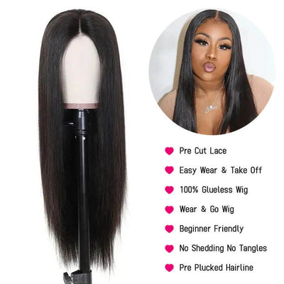 Silky Straight Put On And Go Glueless Wigs With Pre Cut Lace Natural Hairline HD Lace Closure Wigs Beginner Friendly