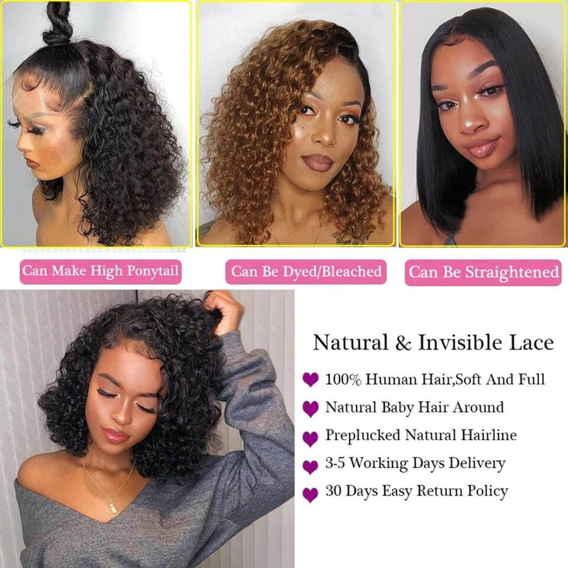Water Wave HD Lace Front Bob Wigs Pre Plucked Human Hair Lace Wigs