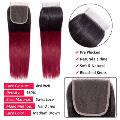Subella Hair T1B/99j Ombre Straight Human Hair 3 Bundles With 4x4 Lace Closure