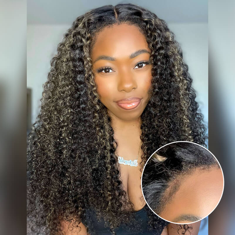 4C Edges Hairline Wig Honey Blonde Highlight Wig 13x4 8x5 HD Lace Front Jerry Curly Human Hair Wigs
