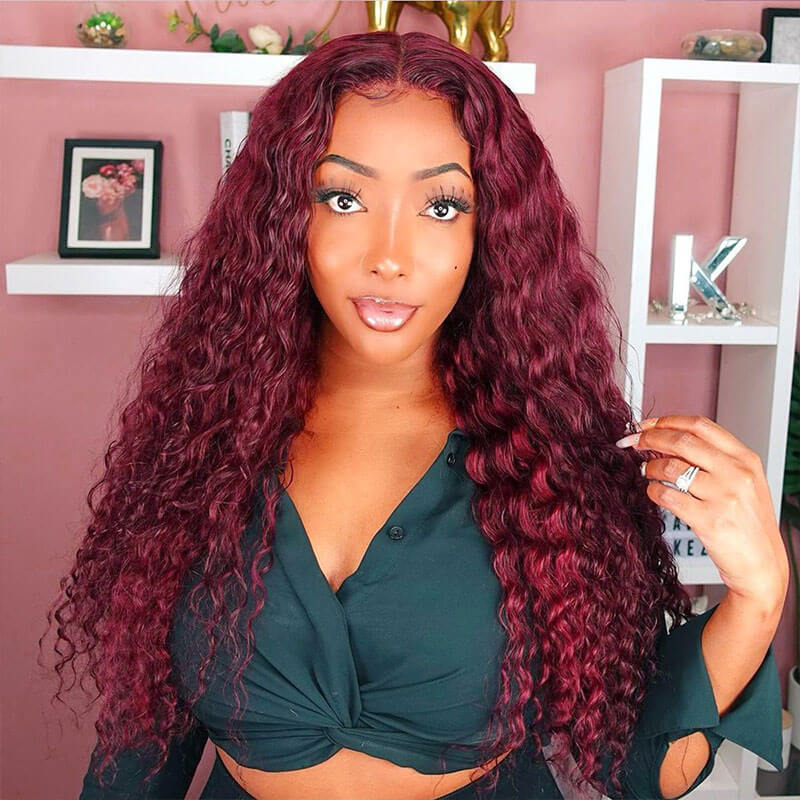 Deep Wave 4x4 HD Lace Closure Wigs Burgundy 99J Color Human Hair Wigs With Pre-plucked Hairline