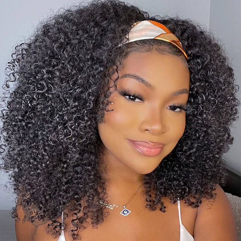 Afro Kinky Curly Headband Wig Human Hair Glueless None Lace Front Wigs Kinky Curly Wigs