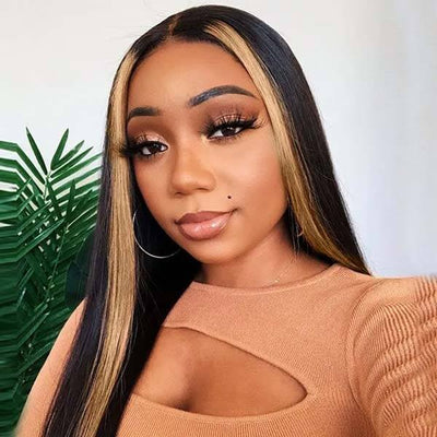 Skunk Stripe Wig with Honey Blonde Highlights Straight 13*4 Human Hair Lace Frontal Wig