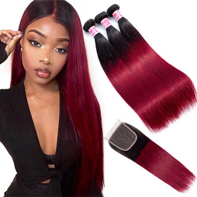 Subella Hair T1B/99j Ombre Straight Human Hair 3 Bundles With 4x4 Lace Closure