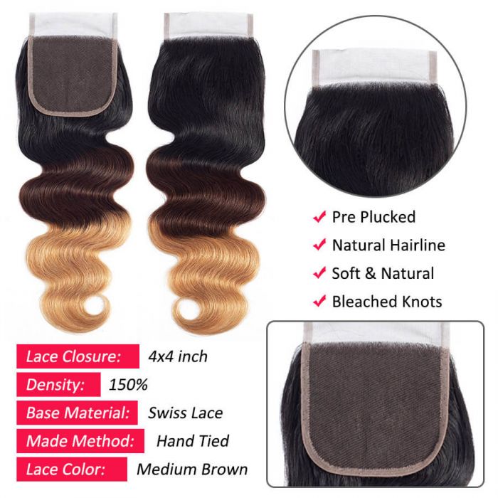 Ombre Hair 1B/4/27 Color Body Wave Human Hair 3 Bundles With 4x4 Lace Closure