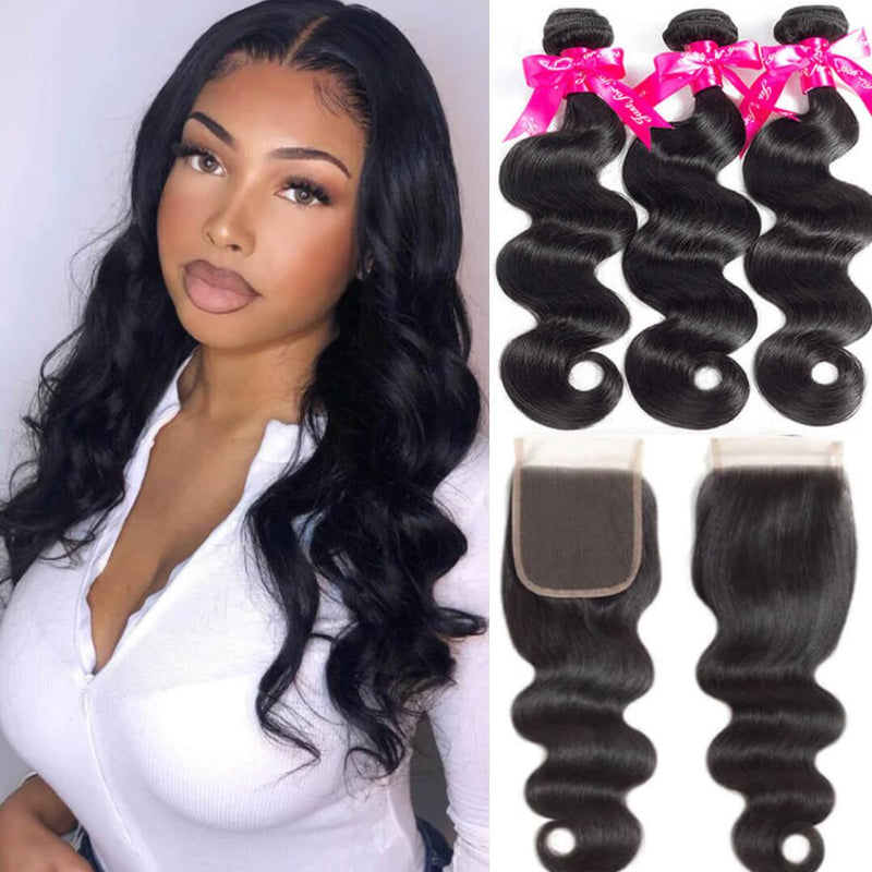 Body Wave Human Hair 3 Bundles With 4x4 Lace Closure