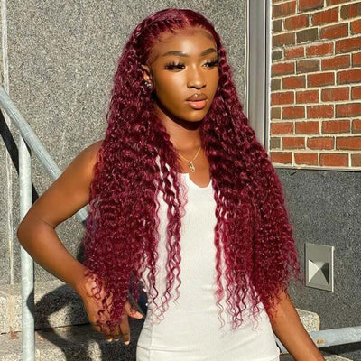 Deep Wave 13x4 HD Lace Front Wigs Burgundy 99J Color Human Hair Wigs With Pre-plucked Hairline