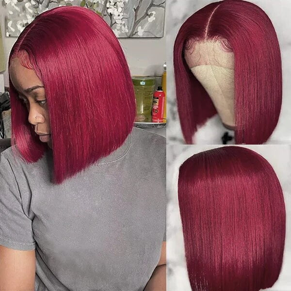 Short Bob 4x4 Lace Closure Wig Straight 99J Red Wine Colored Human Hair Wig For Women