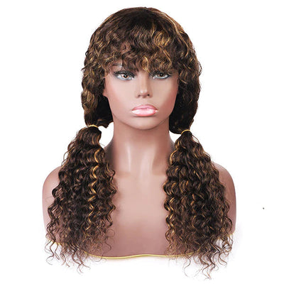 P4/27 Piano Highlights Color Wig With Bangs Deep Wave Curly Top-Lace Colored Wig Protective Style Human Hair Wigs