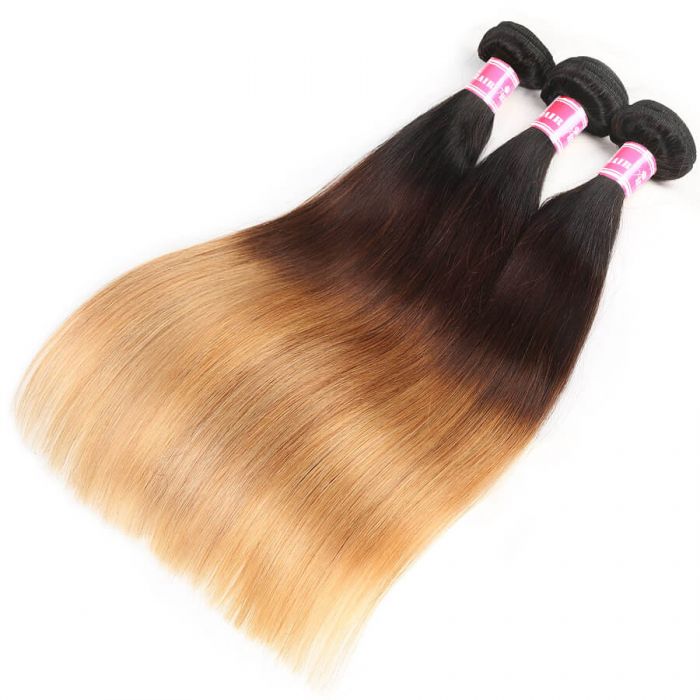 Ombre Hair 1B/4/27 Color Straight Human Hair 3 Bundles With 4x4 Lace Closure