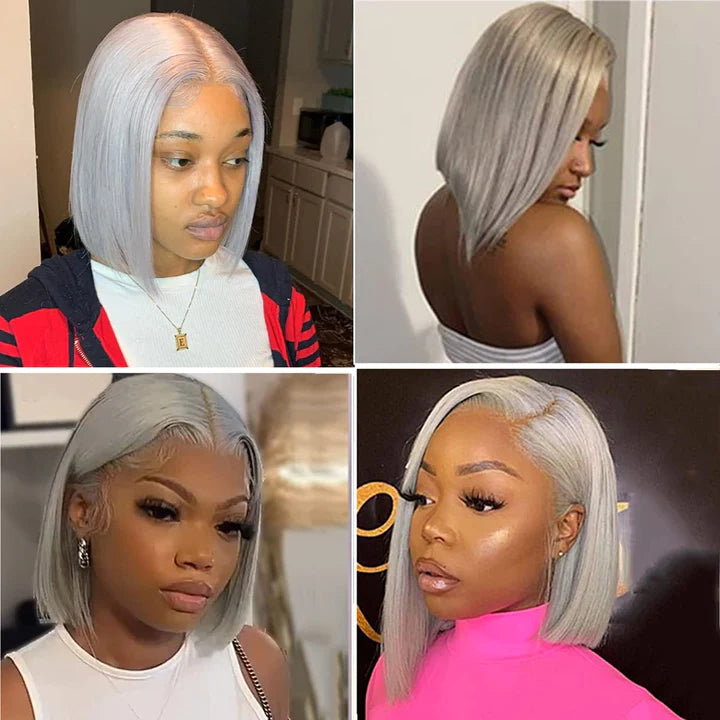 Grey Bob Wigs Straight 13x4 HD Transparent Lace Front Wigs 100% Human Virgin Hair Wigs