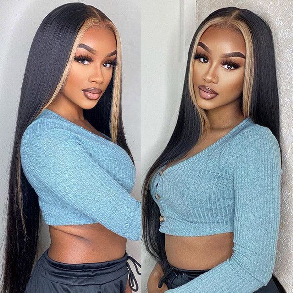 Skunk Stripe Wig with Honey Blonde Highlights Straight 13*4 Human Hair Lace Frontal Wig