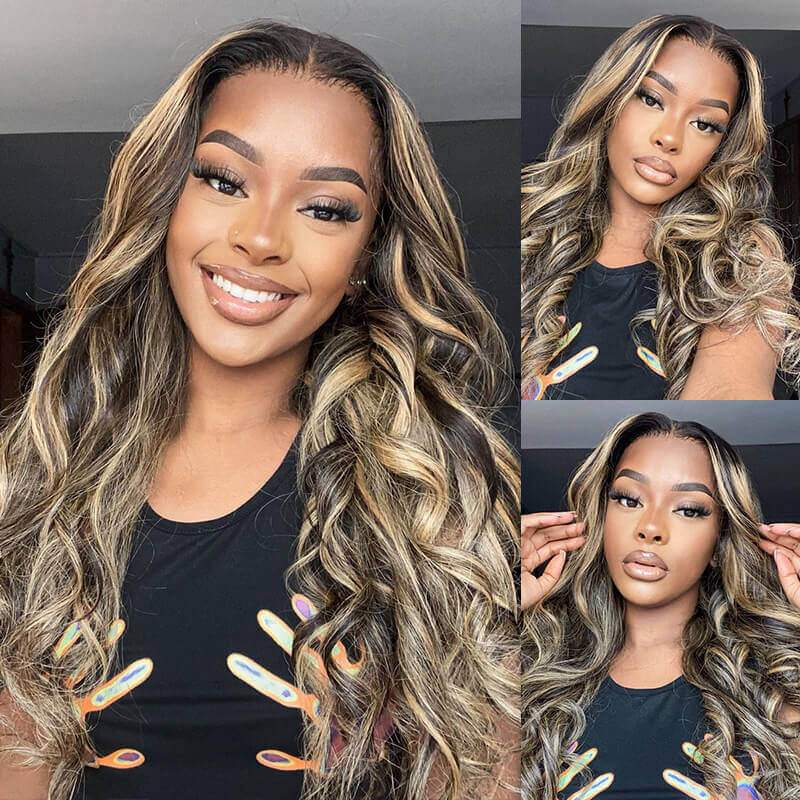 Balayage Highlight Hair HD 4x4 Transparent Lace Closure Human Hair Wigs Pre Plucked Honey Blonde Brown Wigs With Baby Hair