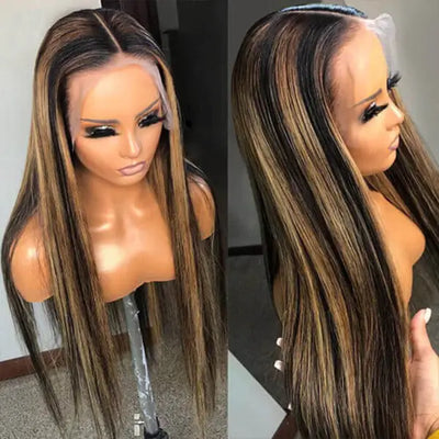 Balayage Highlight Colored HD Transparent 13x4 Lace Frontal Wigs 1B/27 Straight Human Hair Wigs Free Part