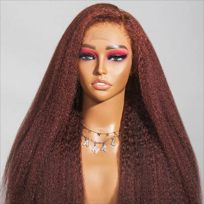 Type 4C Edges Reddish Brown Kinky Straight HD Lace Front Wig Glueless Yaki Human Hair Wigs