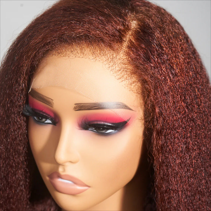 Type 4C Edges Reddish Brown Kinky Straight HD Lace Front Wig Glueless Yaki Human Hair Wigs