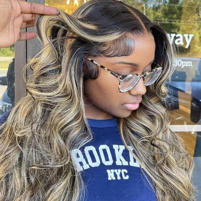 Balayage Highlight Wigs Colored HD Transaparent 13x4 Lace Frontal Wigs 1B/27 Body Wave Human Hair Wigs Free Part